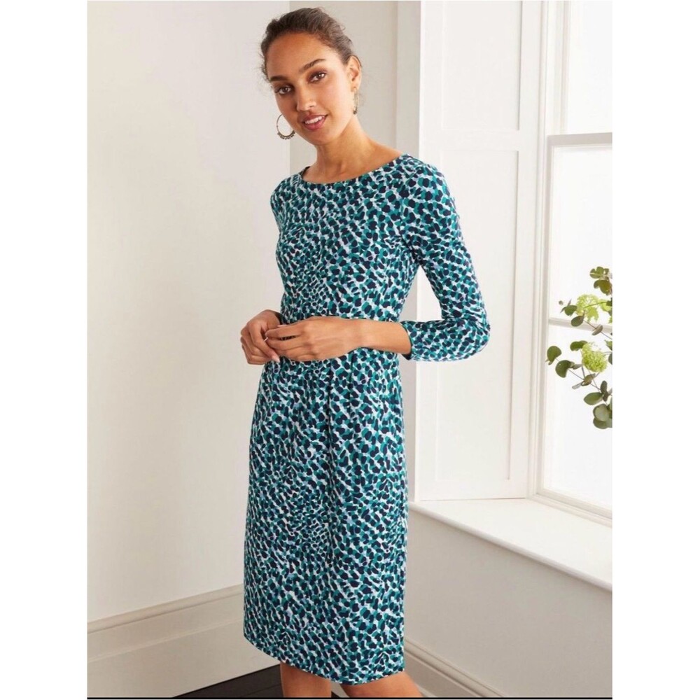 NEW Boden size 4 Teal and Black Printed Long-Sleeve Women's Dress